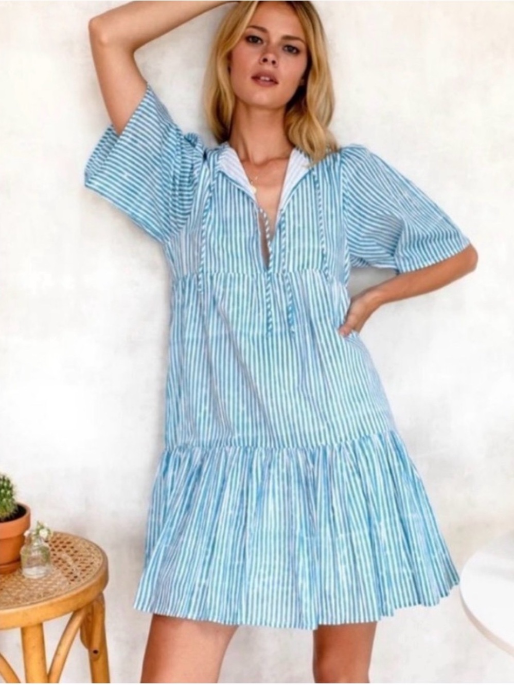 EMERSON FRY INDIAN COLLECTION ISLA DRESS STRIPED BLUE ORGANIC COTTON M/L